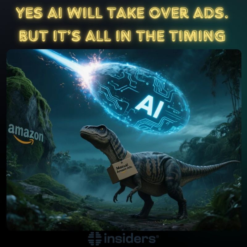 AI will take over ads, but it is all in the timing - dinosaur representing manual Amazon ads facing an AI meteor