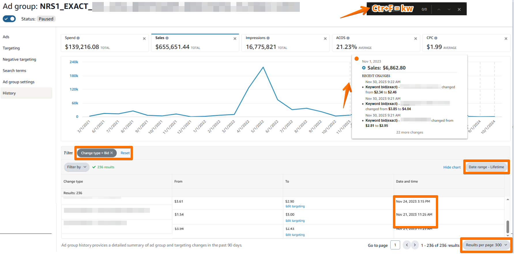History tab showing bid change sequence and status changes over time, with Ctrl+F used to find specific keyword bid history